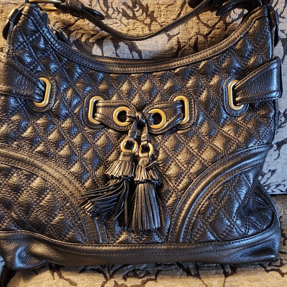 $795 LOCKHEART BLACK LEATHER QUILTED LARGE HANDBAG LIKE NEW